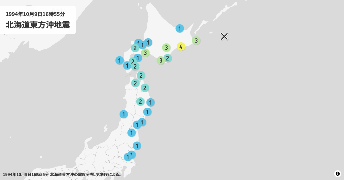 1994年北海道東方沖の震度分布